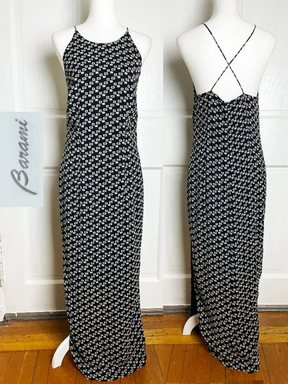 Vintage Barami Geometric Print Halter Maxi Dress Black Cream Silk Blend Size 4 - Picture 1 of 9